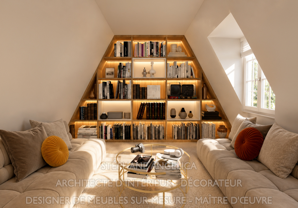 Nous réalisons des meubles bibliothèques sur mesure pour les pièces mansardées