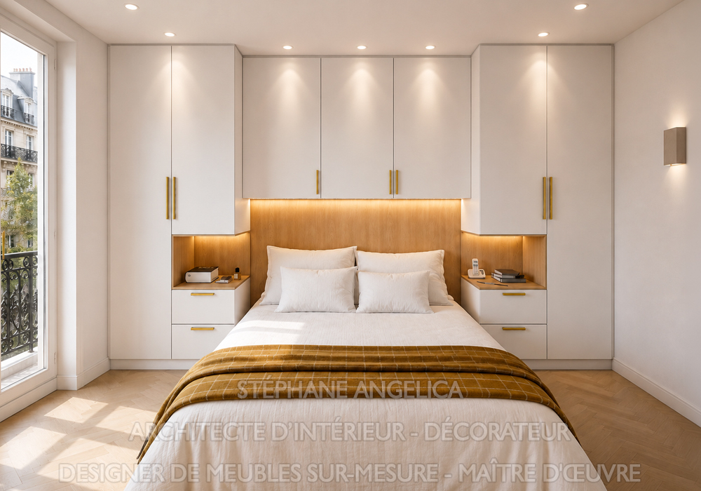 Pour les petites chambres, nous concevons des lits pont sur mesure, avec de nombreux rangements intégrés