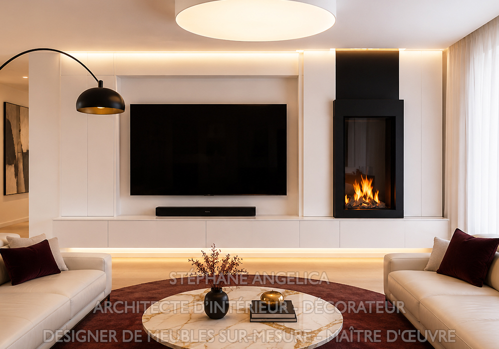 Détendez-vous avec un grand meuble TV et cheminé intégré moderne en sur mesure pour votre séjour