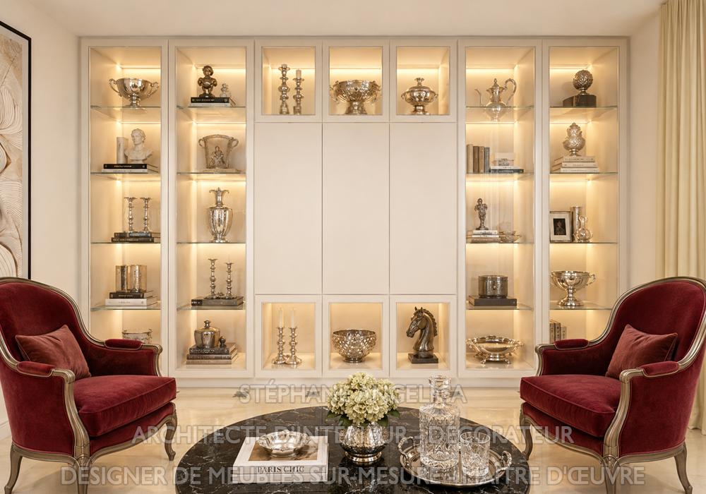 Nous avons réalisé un meuble vitrine sur mesure, conçu pour mettre en valeur vos livres et objets de décoration avec raffinement et élégance