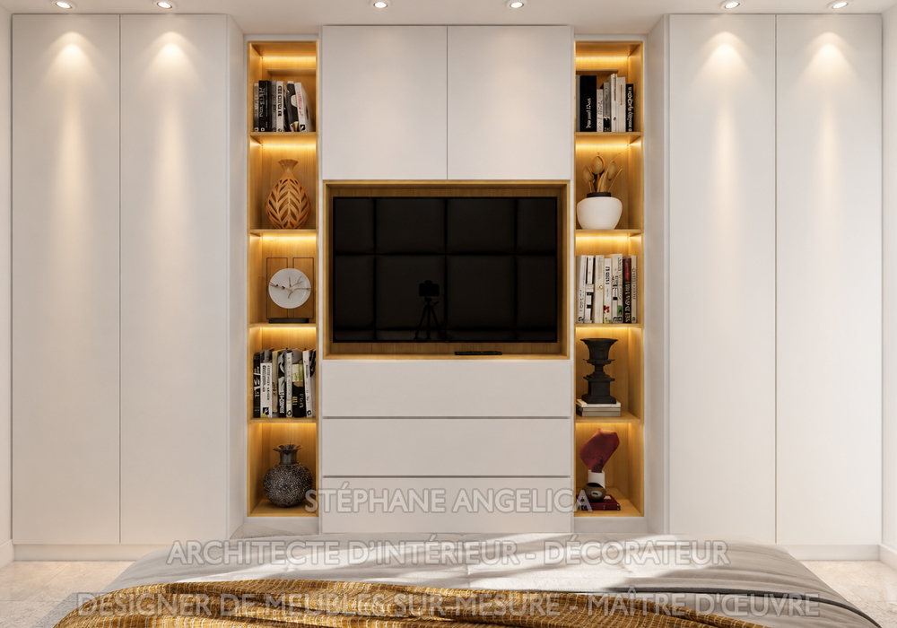 Nous réalisons des placards de rangement sur mesure intégrant un espace TV