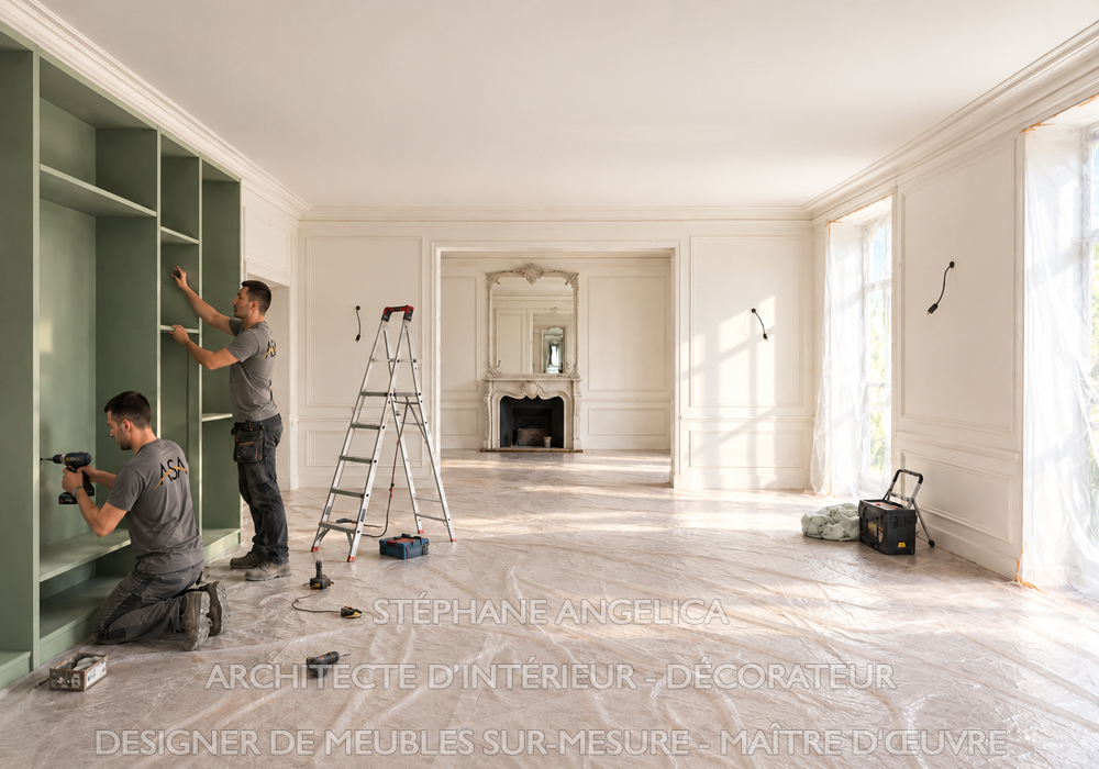 Installation d'un meuble sur mesure dans un appartement haussmannien dans le cadre d'un projet d'aménagement intérieur