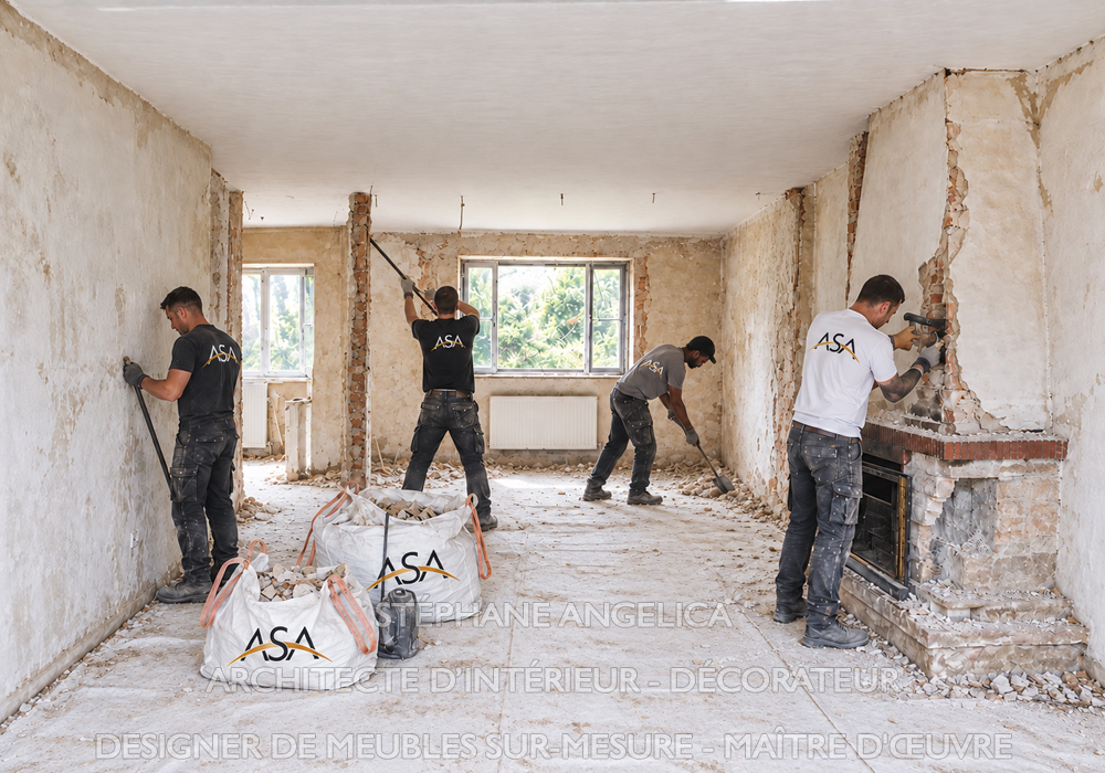 Travaux de démolition intérieure lors de la rénovation complète d'une maison ancienne