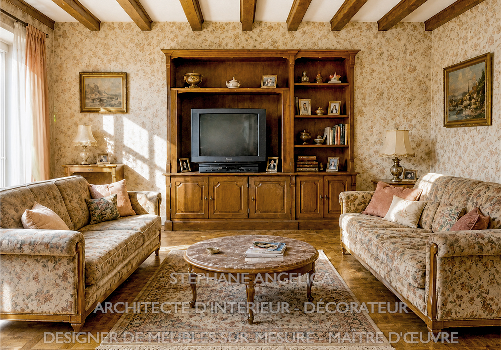 Salon et salle à manger avant travaux de rénovation avec mobilier ancien à Versailles 78